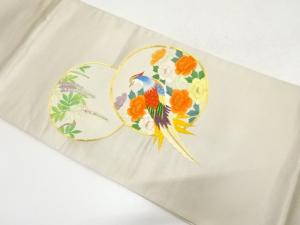 アンティーク　丸に尾長鳥・牡丹・藤模様刺繍袋帯（材料）